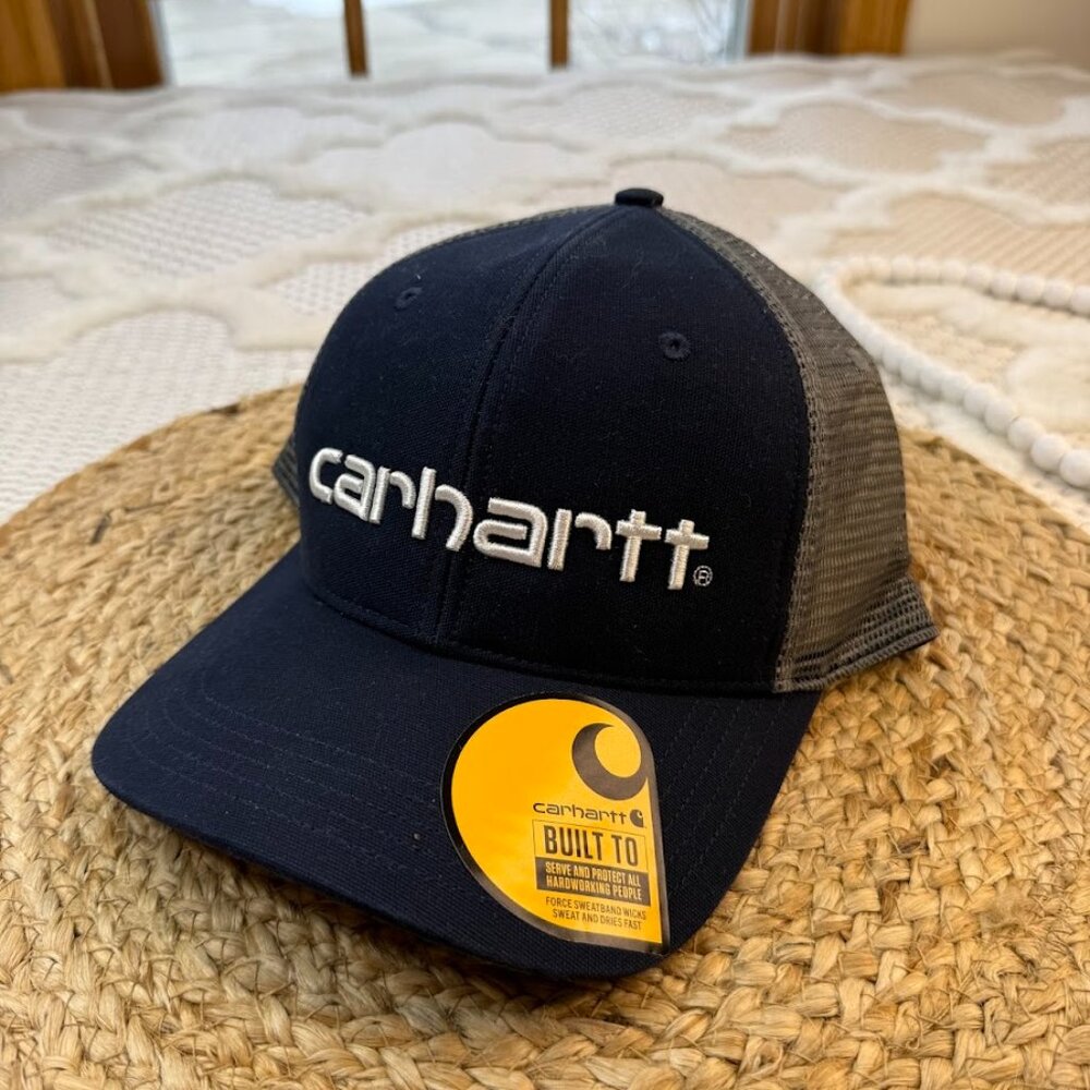Carhartt Men's Canvas Mesh-Back Logo Graphic Cap, Navy and Grey